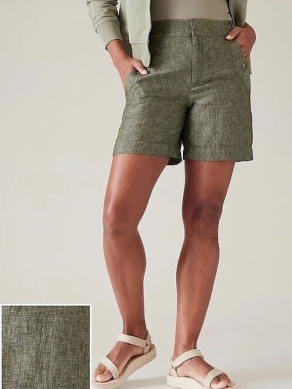 Athleta Linen Voyager Aspen Green Size 8 High Rise Shorts Back Elastic Waistband